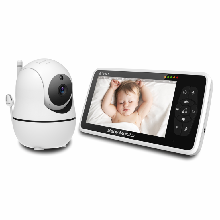 Baby monitor SM50, Display 5 inch, Raza actiune 300 m, Rotire orizontala 355° / verticala 115°, Night Vision, Comunicare bidirectionala, Cantece leagan, Alarma, Monitorizare temperatura, robicam®, alb mat