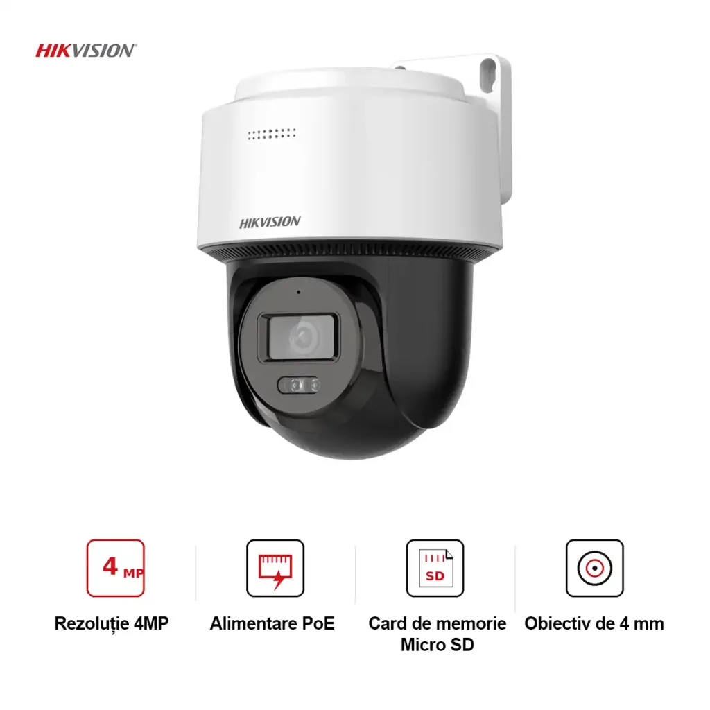 Hikvision DS-2DE2C400MWG-E (4mm) – Cameră IP PoE PT de 4MP cu lumină hibridă inteligentă, detectare umană și funcție de urmărire automată Lite