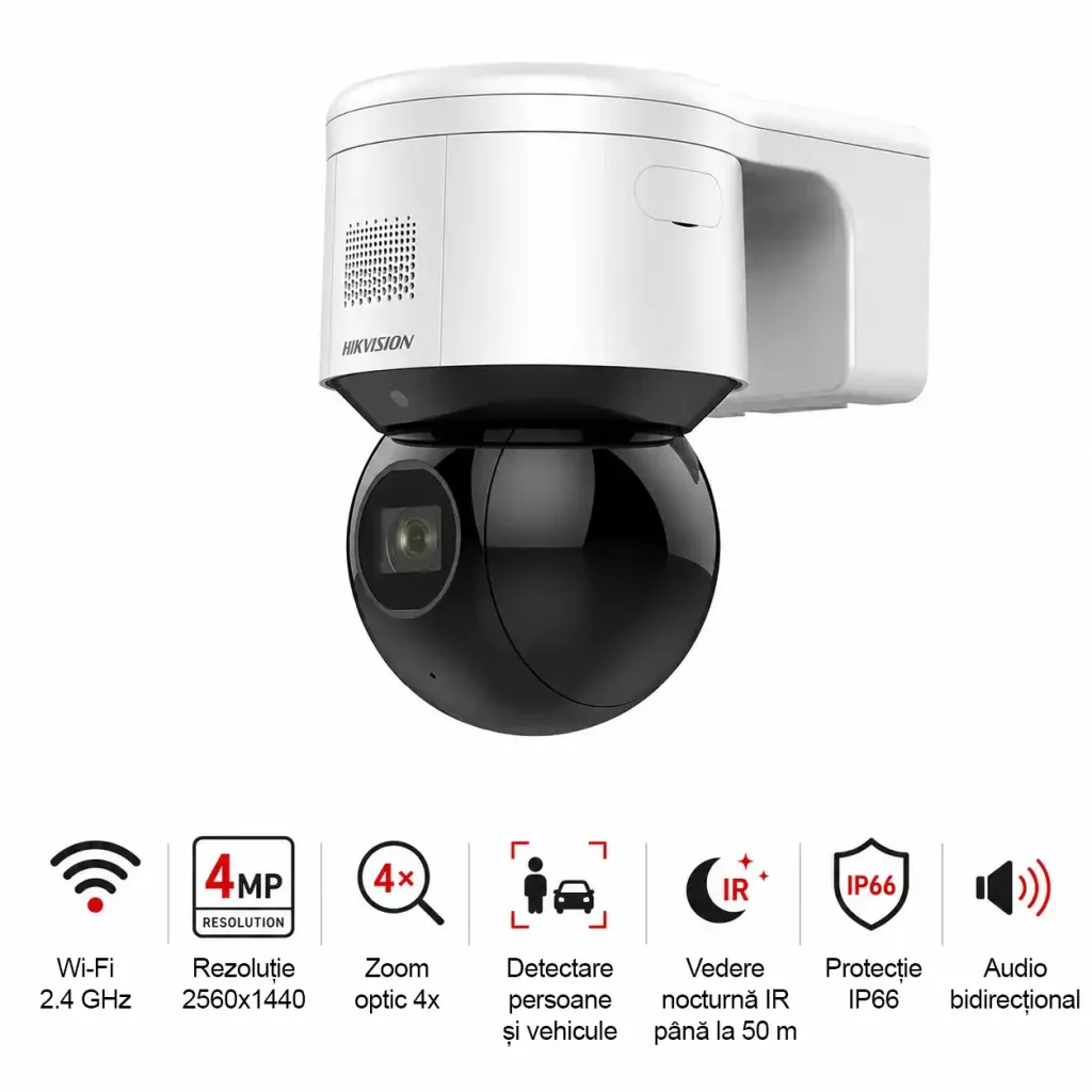 Hikvision DS-2DE3A404IWG-E/W – Cameră IP PTZ Wi-Fi/PoE de 4MP cu zoom optic 4×, DarkFighter și clasificare AI