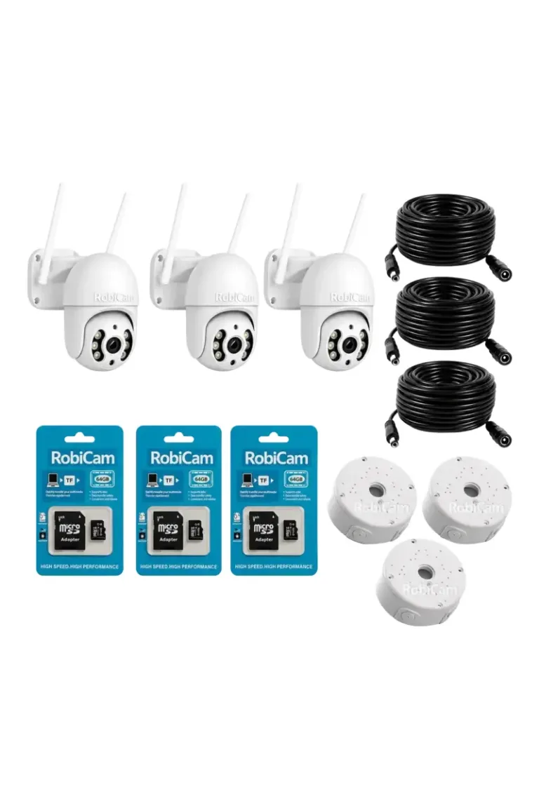 Kit complet de supraveghere video RobiCam – 3 camere WiFi 4MP + carduri de memorie + cabluri + cutii de montare
