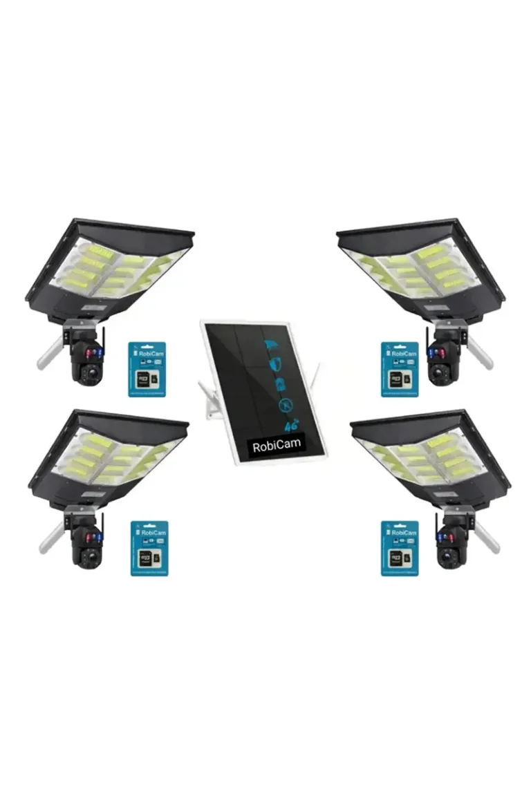 RobiCam SOLAR Protect MAX PRO – Sistem solar pentru supraveghere video a stupinelor și barajelor – 4 camere duale 20X ZOOM, cu lămpi integrate, router solar cu cartelă SIM și carduri de memorie de 128 GB